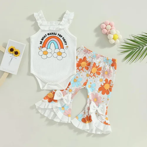 Vista 7 de BULINGNA Conjunto de dos piezas de verano para bebé niña sin mangas con estampado de arco iris + pantalones cortos florales de PPpantalones