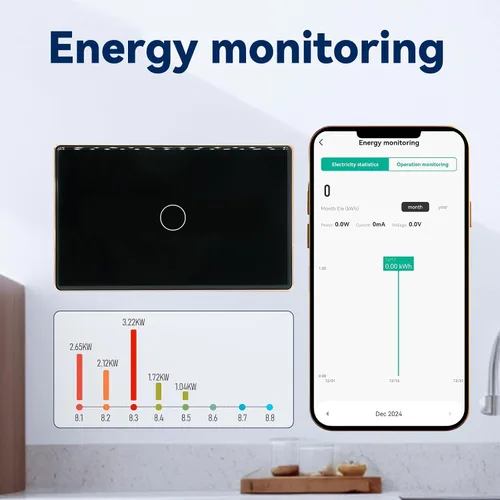 Vista 3 de Interruptor de luz inteligente de monitoreo de energía WiFi, 1 botón de un solo polo, requiere cable neutro, 2.4 GHz, compatible con Alexa