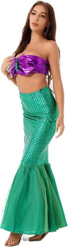 Vista 5 de Hularka Disfraz de sirena para mujer camiseta corta acolchada sin tirantes con falda estampada de escamas de pescado
