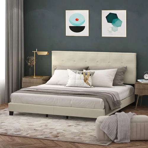 Vista 13 de Furinno Laval Marco de Cama Plataforma Tapizado con Botones Penachos, Individual, Glacier