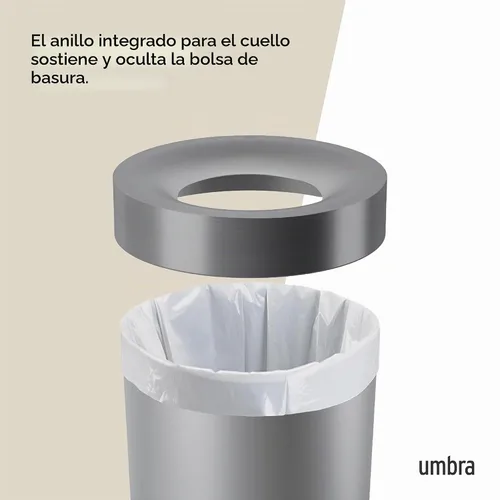 Vista 4 de UMBRA Vento - Bote de basura para cocina con parte superior abierta, gran capacidad de 16 galones (62 litros), color gris Gris/Níquel