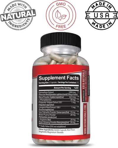 Vista 3 de Kaya Naturals Horny Goat Weed para hombres y mujeres, complejo de 1560 mg con maca, palma enana americana, ginseng, suplemento de vitamina