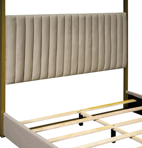 Vista 7 de Marco de cama moderno con dosel de 4 doseles, cama de plataforma de madera con cabecera tapizada, camas de plataforma de madera de bajo perfil