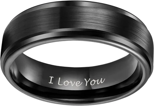 Vista 2 de TRUMIUM - Anillo de boda de carburo de tungsteno de 1564 y 516 de pulgada, para hombres y mujeres, con borde escalonado, grabado en inglés I Love