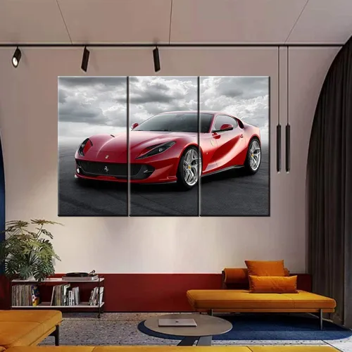 Vista 83 de Arte de pared de auto deportivo rojo para sala de estar, arte de pared de lienzo de súper auto genial, imágenes pósters, 3 piezas, arte moderno