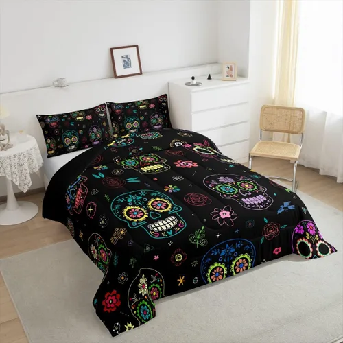 Vista 4 de Manfei Juego de edredón de calavera de azúcar para niños, juego de ropa de cama con temática de calaveras de Halloween, ropa de cama de estilo Azul