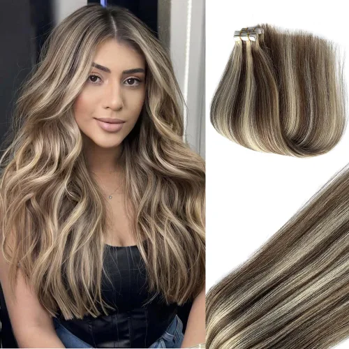 Vista 10 de Extensiones de cabello humano rubio con cinta, reflejos rubio ceniza y rubio platino, extensiones de cabello rubio platinado, cinta adhesiva
