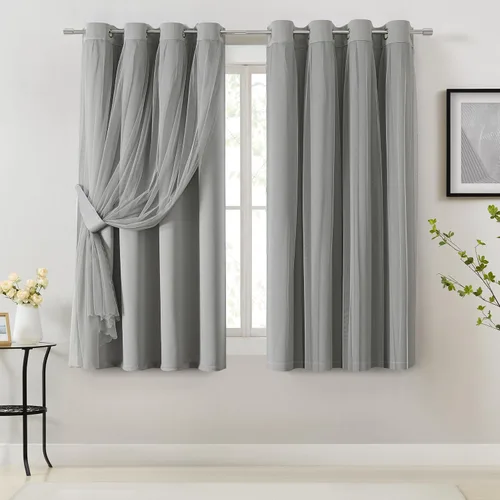 Vista 13 de Bujasso Cortinas 80% Opacas Beige con Superposición de Gasa Mezcla y Combinación Paneles de Ventana con Aislamiento Térmico de Doble Capa de 63
