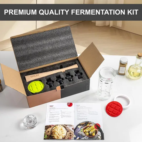 Vista 4 de BALCI Kit completo de fermentación de frascos Mason – Juego de iniciación de 9 piezas con tapas de fermentación, pesas de vidrio, pisón de madera