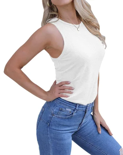 Vista 2 de Langwyqu Camisetas sin mangas con cuello redondo para mujer, estilo casual, holgadas, para verano