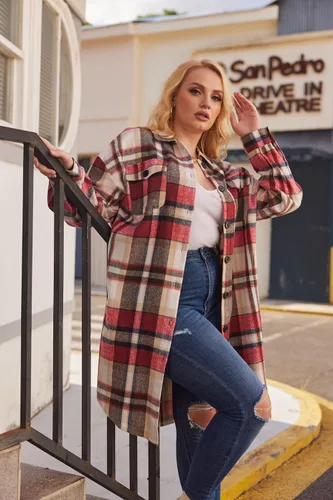 Vista 4 de IN'VOLAND Camisas de franela a cuadros de talla grande para mujer, manga larga, con solapa, estilo novio, con botones, chaqueta larga de tartán