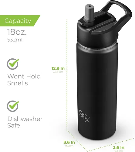 Vista 6 de SIPX™ Botella de Agua Aislada de 18 oz con 3 Tapas – Acero Inoxidable a Prueba de Fugas, Triple Aislamiento – Frío 24 Horas/Caliente 12 Horas