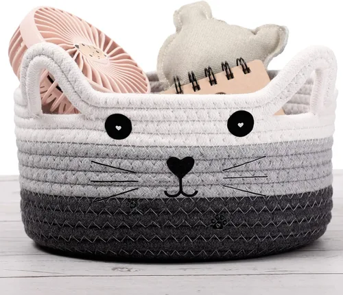 Vista 21 de Zopeal Cesta de almacenamiento tejida para gatos, organizador tejido con orejas, juguete decorativo de Navidad para mascotas, bonita canasta