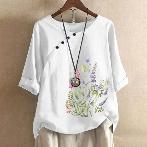 Vista 5 de Camisas de algodón y lino para mujer, manga 34, cuello redondo, botones, estampado floral, ajuste holgado, blusa elegante casual regular