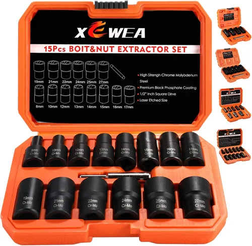 Vista 7 de XEWEA 5PCS 1/2 Drive Lug Nut Bolt Extractor Set, Kit de eliminación de 5 unidades de 1/2