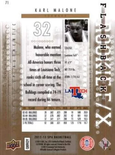 Vista 2 de 2012-13 Upper Deck SP Authentic #71 Karl Malone Louisiana Tech Bulldogs NBA Basketball Card NM-MT