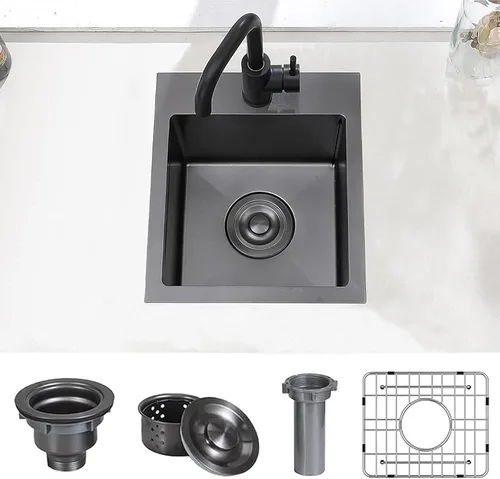 Vista 2 de Hotis Fregadero de Barra Negro Empotrable, Fregadero de Cocina Pequeño de 15x15 de Un Solo Tazón, Fregaderos Negros de Acero Inoxidable para Bar