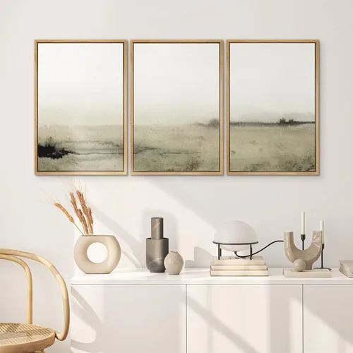 Vista 556 de SIGNWIN Lienzo enmarcado para pared, juego de arte pastel con cadena montañosa, bosque, niebla, naturaleza silvestre, ilustraciones modernas, arte