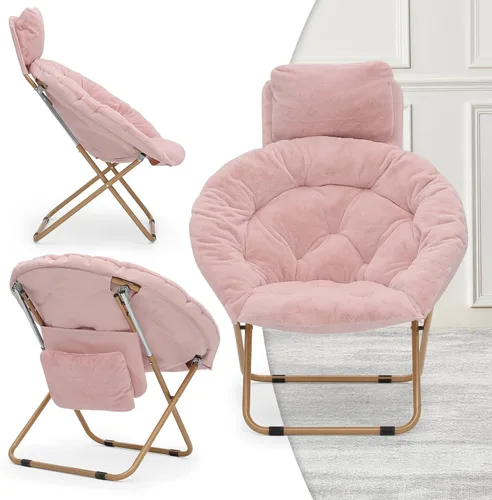 Vista 11 de MoNiBloom Silla redonda plegable de piel sintética con reposacabezas extraíble para adultos, marco de metal, de gran tamaño, cómoda, suave