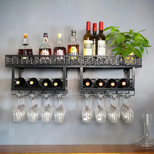 Vista 4 de Gdrasuya10 Estante de metal grande para vino montado en la pared, estantes de vino con soporte para copas de vino, soporte para botellas de vino
