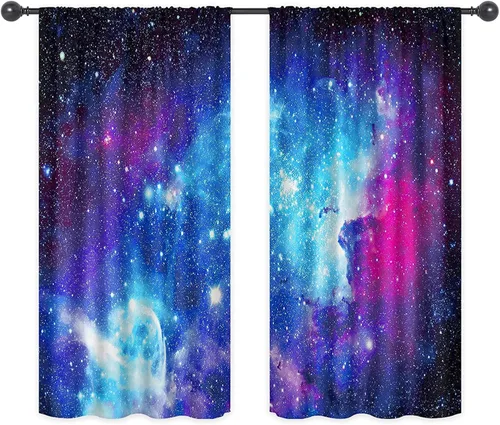 Vista 3 de Riyidecor Cortinas y Drapes Galaxia Espacio Nebulosa Cortinas de Cocina (2 Paneles 29.5 x 63 Pulgadas) Azul Bolsillo para Varilla Universo Planetas