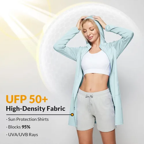 Vista 3 de BALEAF Chaqueta larga con capucha SPF 50+ para mujer, con protecciÃ³n solar, ligera, para la piscina
