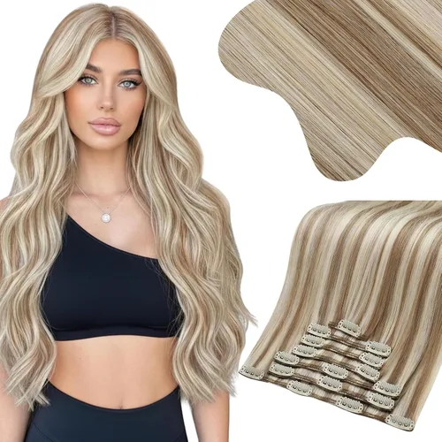 Vista 27 de Moresoo Extensiones de cabello humano con clip, balayage, color marrón oscuro a marrón dorado con clip, extensiones de cabello humano con clip, 5
