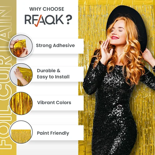 Vista 4 de RFAQK Paquete de 5 cortinas de flecos de papel de aluminio dorado de 3.3 x 8.2 pies para decoraciones de fiesta de cumpleaños, telón de fondo dorado