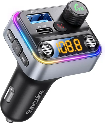 Vista 9 de Syncwire Bluetooth 5.4 Transmisor FM Adaptador para Coche 42W [Interruptor de Luz] [Micrófono Dual Más Potente] [Sonido de Graves HiFi]