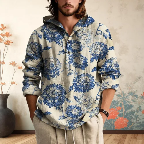 Vista 2 de Sudadera con capucha para hombre, de gran tamaño, elegante, vintage, con botones, casual, de manga larga, sudadera con capucha