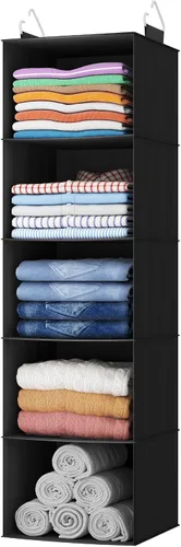 Vista 13 de Lifewit Organizador de armario colgante de 5 niveles y almacenamiento para estantes, estante de ropa plegable con 2 ganchos resistentes