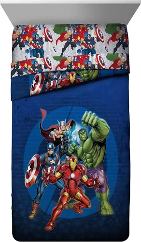 Vista 2 de Marvel Avengers Blue Circle - Juego de ropa de cama individual de 4 piezas, incluye edredón reversible y juego de sábanas, poliéster súper suave Los