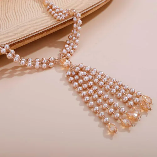 Vista 4 de Aimimier Collar bohemio de 3 hebras de perlas sintéticas con nudo de perlas