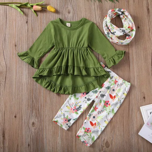 Vista 2 de Conjunto de ropa de invierno para niñas pequeñas, con volantes, con parte superior de túnica a rayas, 2