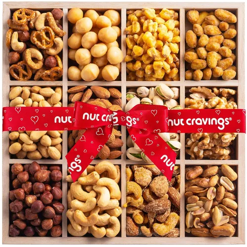 Vista 9 de NUT CRAVINGS - Cesta de regalo de nueces mixtas en bandeja de madera de diamante reutilizable + cinta verde (12 surtidos) golosinas para adultos