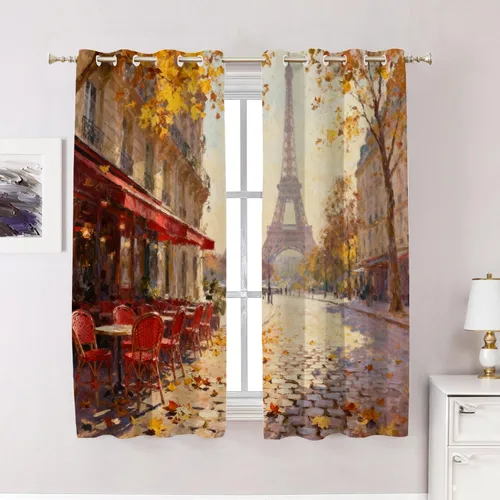Vista 63 de Cortinas opacas de cocina con pintura al óleo de Europa rosa y negra para ventanas, cenefas opacas modernas de torre Eiffel de poliéster multicapa