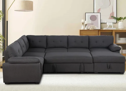 Vista 3 de Alexent Sofá cama seccional con cama extraíble en forma de U con tela de diván de almacenamiento, moderno de 6 plazas, gris oscuro