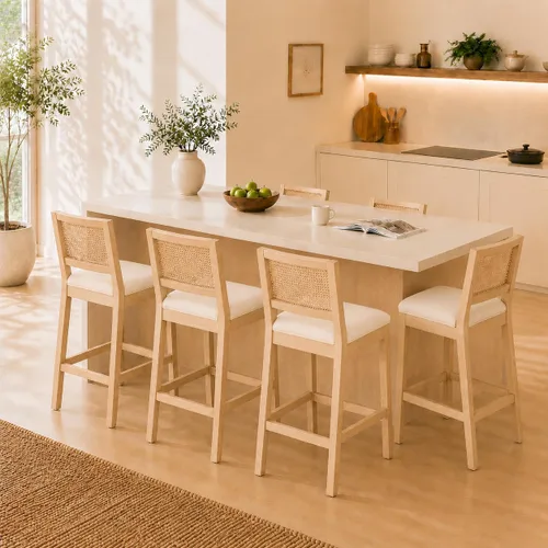 Vista 13 de Juego de 2 taburetes de bar de altura de mostrador, sillas de isla de cocina con respaldo de caña beige, taburetes de bar de ratán con respaldo
