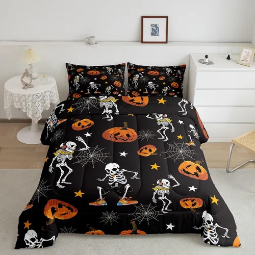 Vista 18 de Erosebridal Juego de edredón de calavera de Halloween, tamaño individual, juego de ropa de cama de calavera gótica para niños, adolescentes