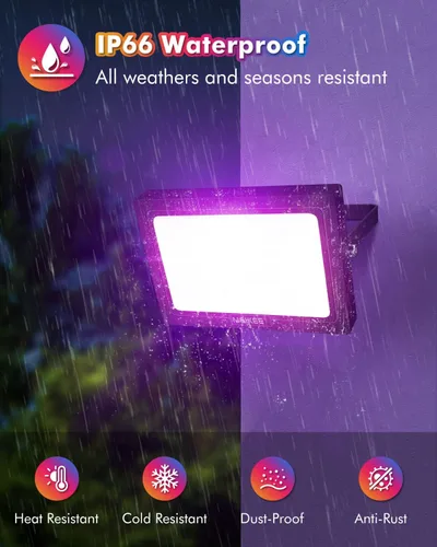 Vista 7 de MEIKEE 60W 6000LM luces de inundación RGBW, focos LED de cambio de color RGB equivalentes a 600W, luz blanca de 6500K para iluminación exterior