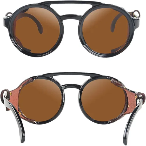 Vista 4 de KEITHION Gafas de sol redondas vintage estilo steampunk para hombres y mujeres con lentes laterales de cuero