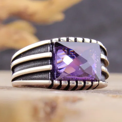 Vista 2 de Anillo de lujo de plata de ley 925 sólida para hombre con piedra de amatista simulada púrpura transparente facetada, Metal Metal Piedra, Amatista
