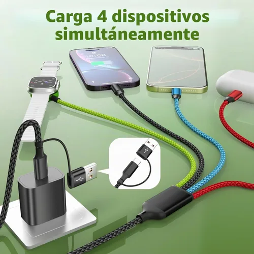 Vista 4 de Travel Essentials - Cargador de Apple Watch, cable de carga múltiple 4 en 2 con doble tipo C, cargador de viaje USB A/C para múltiples dispositivos