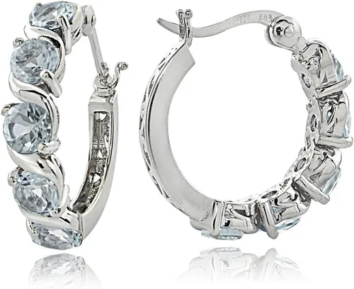 Vista 4 de Sterling Silver Hoop Earrings, Birthstone Earrings, S-Design Round Huggie Hoops, Genuine or Synthetic Gemstone Earrings, Huggie Earrings for Women