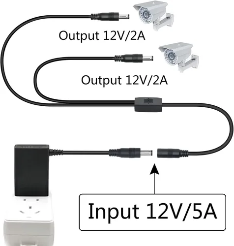 Vista 3 de Cable divisor de corriente continua 1 hembra a 2 macho, 1.5 ft/18 pulgadas DC 0.217 in x 0.083 in cable adaptador divisor Y, para vigilancia