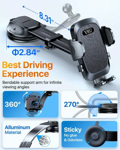 Vista 6 de YRU Soporte de teléfono para automóvil [brazo de aluminio ajustable y flexible para 2026] Soporte de teléfono celular para salpicadero del Negro