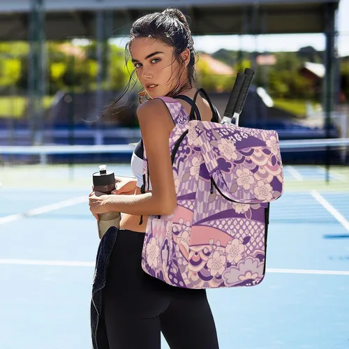 Vista 7 de Bolsa de tenis para mujeres y hombres, ligera, color morado, zéfiro japonés, flor de cerezo, deportes, tenis, bádminton, para adolescentes, niños