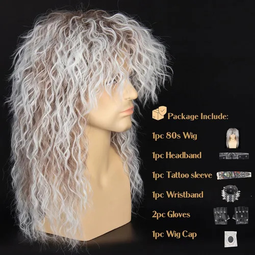 Vista 2 de M MISS U HAIR Peluca de los años 80 para hombre y mujer, juego de disfraz de rockero Diadema elástica, manga de tatuaje con tachuelas, guante