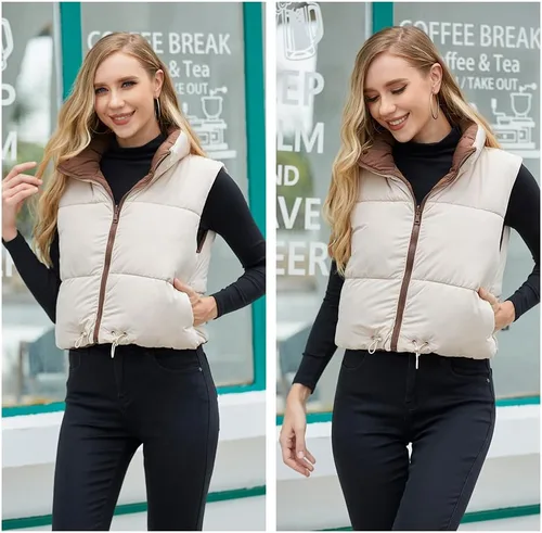 Vista 6 de Chaleco corto de invierno para mujer, ligero, reversible, cálido, chaleco acolchado, chaleco acolchado