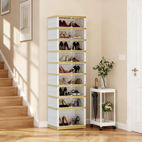 Vista 9 de SYNCVIBE Zapatero plegable de 6 niveles con estante de plástico, 12 pares de contenedores de almacenamiento de zapatos colapsables, grandes cajas